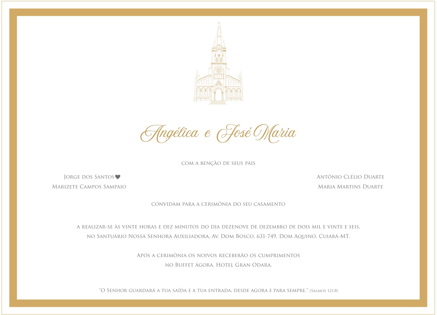 Convite original com a cerimônia às 20h10 do dia 19 de dezembro de 2026 no Santuário Nossa Senhora Auxiliadora e recepção no Buffet Ágora, Hotel Gran Odara